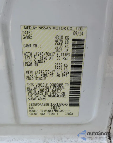 2014 Nissan Nv 3500 S из США, поврежденный, VIN 5BZBF0AA8EN161866